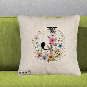 Cadou Personalizat - Perna Personalizata Monogram Litera J cu Flori Acuarela, 40x40 cm, Bej Canapea, Husa Detasabila, Perna Inclusa, BEKZ®