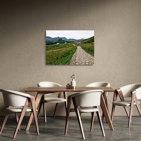 Tablou pe sticlă - Peisaj montan cu case (70x50 cm)
