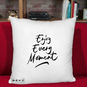 Perna Decorativa Enjoy Every Moment, 40x40 cm, Alb Pufos, Husa Detasabila, Perna Inclusa, BEKZ®