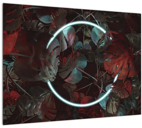 Tablou pe sticlă - Cerc de neon între palmieri (70x50 cm)