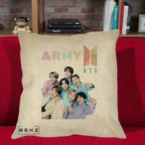 Perna Personalizata K-pop BTS ARMY Fotografie Grup Veseli, 40x40 cm, Crem, Husa Detasabila, Perna Inclusa, BEKZ®