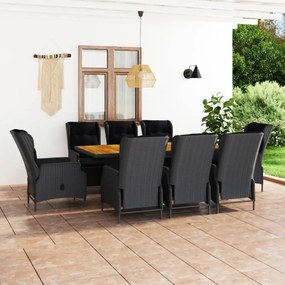 Set mobilier de exterior cu perne, 9 piese, gri inchis, poliratan gri inchis si negru, 9