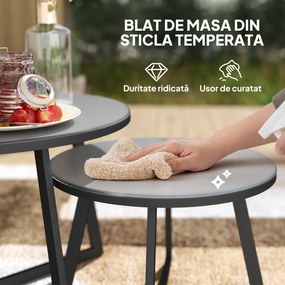 Outsunny Set 2 Măsuțe de Grădină cu Blat din Sticlă Securizată, Ø70x45 cm, Gri | Aosom Romania