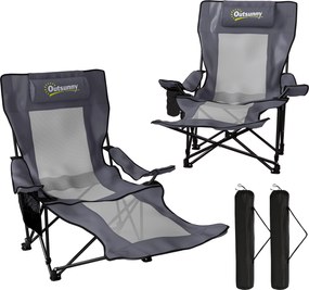 Outsunny Set de 2 scaune camping pliabile, scaun pescuit cu spătar reglabil, suport picioare, suport băuturi, pernă cap, Gri închis | Aosom Romania