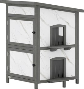 PawHut Căsuță pentru exterior, casă din lemn pentru pisici, intrări multiple, fereastră, rezistent la apă, 60 x 60 x 88 cm, Alb | Aosom Romania