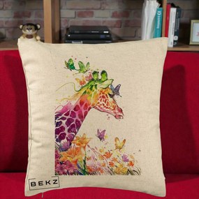 Perna Decorativa Girafa Curcubeu Acuarela, 40x40 cm, Bej, Husa Detasabila, Perna Inclusa, BEKZ®