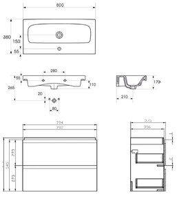 Set dulap baie suspendat 2 sertare, lavoar inclus, Cersanit Moduo Slim, 80 cm, alb Alb, 800x380 mm