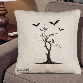 Perna Decorativa Halloween Copac cu Lilieci Alb-Negru, 40x40 cm, Bej Canapea, Husa Detasabila, Perna Inclusa, BEKZ®