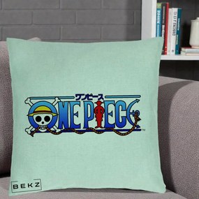 Perna Personalizata One Piece Clasic Albastru, 40x40 cm, Verde Menta, Husa Detasabila, Perna Inclusa, BEKZ®