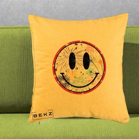 Perna Decorativa Smiley Face cu Artificii Multicolore, 40x40 cm, Galben, Husa Detasabila, Perna Inclusa, BEKZ®