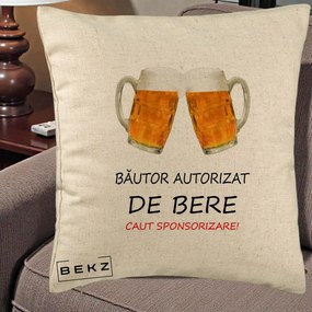 Perna Decorativa Bautor Autorizat de Bere, 40x40 cm, Bej, Husa Detasabila, Perna Inclusa, BEKZ®