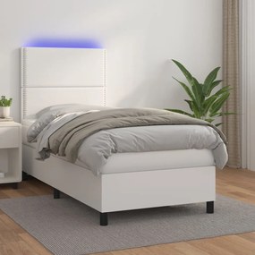 vidaXL Pat continental cu saltea & LED, alb, 80x200 cm, piele eco
