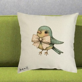Perna Decorativa Pasare Teal cu Fundita cu Buline, 40x40 cm, Ecru, Husa Detasabila, Perna Inclusa, BEKZ®