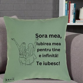 Cadou pentru Sora - Perna Personalizata Sora Mea Te Iubesc Line Art Doua Fete cu Brate Ridicate, 40x40 cm, Verde, Husa Detasabila, Perna Inclusa, BEKZ®