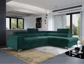 Colțar verde extensibil/cu spațiu de depozitare cu tapițerie din catifea (cu colț pe partea dreaptă/în formă de ”L”) Laurence – ELTAP