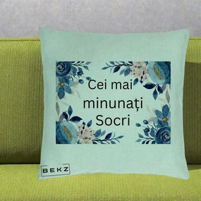 Cadou pentru Socri - Perna Personalizata Cei mai Minunati Socri cu Flori Albastre si Roz, 40x40 cm, Verde Menta, Husa Detasabila, Perna Inclusa, BEKZ®