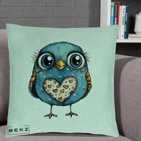 Perna Decorativa Bufnita Albastra cu Inimioare, 40x40 cm, Verde Menta, Husa Detasabila, Perna Inclusa, BEKZ®