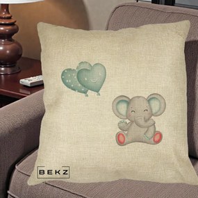 Perna Decorativa Elefant si baloane in forma de inimioare, 40x40 cm, Crem, Husa Detasabila, Perna Inclusa, BEKZ®