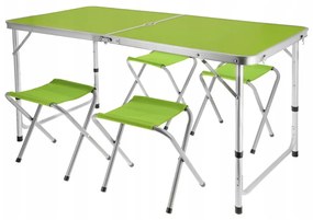 Set mobilier de camping pliabil, Jumi, verde, masă cu picioare reglabile și 4 tabureți
