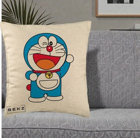 Perna Personalizata Doraemon Salutand, 40x40 cm, Bej, Husa Detasabila, Perna Inclusa, BEKZ®