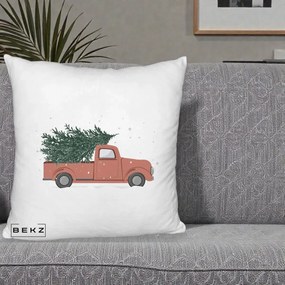 Perna Decorativa Camioneta Terracotta Brad de Craciun, 40x40 cm, Alb Pufos, Husa Detasabila, Perna Inclusa, BEKZ®
