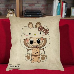 Perna Personalizata Labubu x Hello Kitty Maro-Vintage, 40x40 cm, Crem, Husa Detasabila, Perna Inclusa, BEKZ®