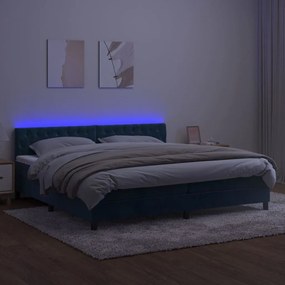 Pat cu arcuri, saltea si LED, bleumarin, 200x200 cm, catifea Albastru inchis, 200 x 200 cm, Design cu nasturi