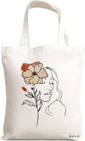 Sacosa de Panza pentru Cumparaturi, Geanta Tote, Flower Lady 5, 38x34.5 cm, Alba, BEKZ®