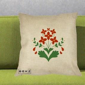 Perna Decorativa Buchet Floral Folk Rosu-Verde, 40x40 cm, Crem, Husa Detasabila, Perna Inclusa, BEKZ®