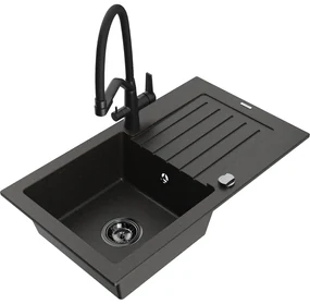 Mexen Pablo chiuvetă de granit 1-cameră cu scurgător și baterie de bucătărie Duo, negru/auriu metalizat - 6510-75-671701-70-B