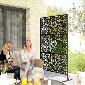 Outsunny Panou paravan decorativ exterior Claustra decorativă grădină 3 panouri cu model floral Oțel 122 x 45 x 198 cm Negru | Aosom Romania