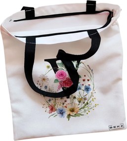 Sacosa de Panza pentru Cumparaturi, Geanta Tote, Cu litera V in Coronita Florala, Cu fermoar, 38x34.5 cm, Alba, BEKZ®