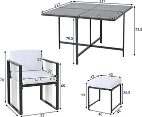 Set de grădină 7 piese pentru 6 persoane, masă din sticlă securizată, 4 scaune împletite și 2 taburete pentru picioare, Negru+Alb
