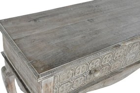 Consolă hol sculptată din lemn de mango, natur, cu 2 sertare, ornamente în patru lobi și picioare cabriole, finisaj décapé, 81 x 91 x 42 cm, „Flyn”