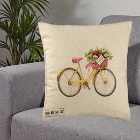 Perna Decorativa Bicicleta Galbena cu Cos de Flori Primavara, 40x40 cm, Bej, Husa Detasabila, Perna Inclusa, BEKZ®