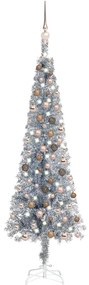 Brad de Craciun subtire cu set LED-urigloburi argintiu 150 cm 1, silver and rose, 150 cm