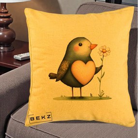 Perna Decorativa Pasare cu Inima si Margareta, 40x40 cm, Galben, Husa Detasabila, Perna Inclusa, BEKZ®