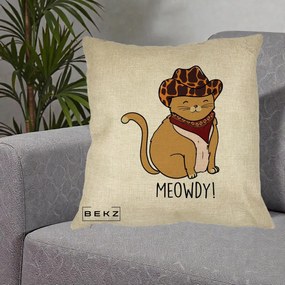 Perna Decorativa Pisica Cowboy Meowdy, 40x40 cm, Crem, Husa Detasabila, Perna Inclusa, BEKZ®
