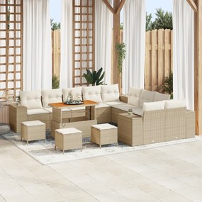 vidaXL Set canapele pentru grădină , 14 piese, cu perne, din rattan poly bej și lemn de acacia.