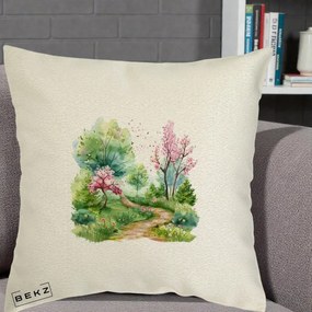 Perna Decorativa Gradina Primavara Acuarela, 40x40 cm, Ecru, Husa Detasabila, Perna Inclusa, BEKZ®