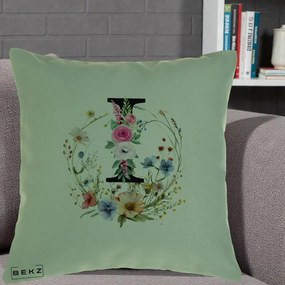 Cadou Personalizat - Perna Personalizata Monogram Litera I cu Flori Acuarela, 40x40 cm, Verde, Husa Detasabila, Perna Inclusa, BEKZ®