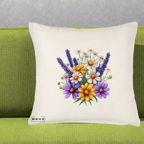 Perna Decorativa Lavanda Musetel si Flori Mov, 40x40 cm, Crem Reliefat, Husa Detasabila, Perna Inclusa, BEKZ®