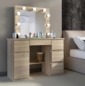 SEM521 - Set Masa toaleta, 120 cm, moderna cosmetica machiaj oglinda, masuta vanity, oglinda cu 9 LED, cu sau fara scaun - Sonoma