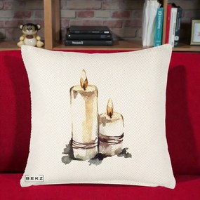 Perna Decorativa Lumanari Acuarela Iarna, 40x40 cm, Crem Reliefat, Husa Detasabila, Perna Inclusa, BEKZ®