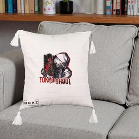 Perna Personalizata Tokyo Ghoul Ken Kaneki Anime, 40x40 cm, Bej cu Franjuri, Husa Detasabila, Perna Inclusa, BEKZ®