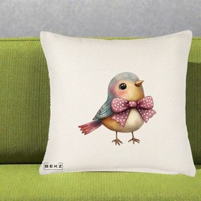 Perna Decorativa Pasare Bleu cu Fundita Roz, 40x40 cm, Crem Reliefat, Husa Detasabila, Perna Inclusa, BEKZ®