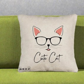 Perna Personalizata Cute Cat cu Ochelari, 40x40 cm, Bej Canapea, Husa Detasabila, Perna Inclusa, BEKZ®