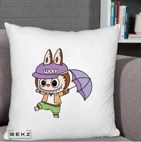 Perna Personalizata Labubu Lucky cu Umbrela, 40x40 cm, Alb Pufos, Husa Detasabila, Perna Inclusa, BEKZ®