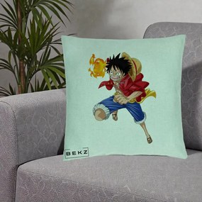 Perna Personalizata One Piece Luffy Gear Second Foc, 40x40 cm, Verde Menta, Husa Detasabila, Perna Inclusa, BEKZ®