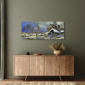 Tablou -Cabane într-un peisaj de iarnă, pictură în ulei (120x50 cm)